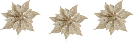 Cosy @ Home 4x stuks decoratie bloemen roos champagne glitter op clip 10 cm - Kunstbloemen Champagnekleurig