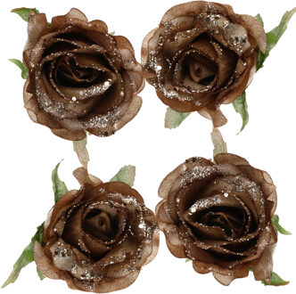 Cosy @ Home 4x stuks decoratie bloemen roos goud bruin glitter op clip 10 cm - Kunstbloemen Beige