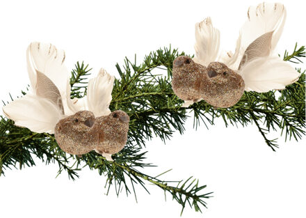 Cosy @ Home 4x stuks decoratie vogels op clip glitter champagne 11 cm - Kersthangers Goudkleurig