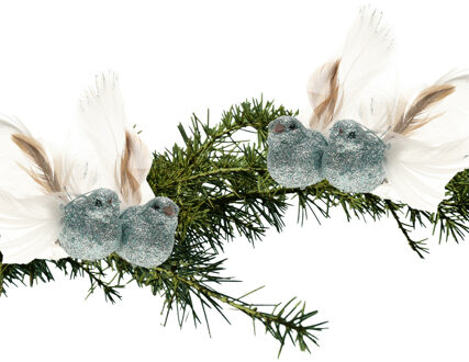 Cosy @ Home 4x stuks decoratie vogels op clip glitter ijsblauw 11 cm