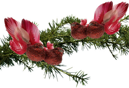 Cosy @ Home 4x stuks decoratie vogels op clip glitter rood 11 cm