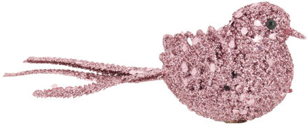 Cosy @ Home 4x stuks decoratie vogels op clip glitter roze 12 cm