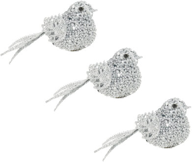 Cosy @ Home 4x stuks decoratie vogels op clip glitter zilver 12 cm