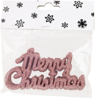 Cosy @ Home 6x stuks Merry Christmas kersthangers roze van kunststof 10 cm kerstornamenten - Kersthangers