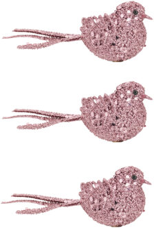 Cosy @ Home 8x stuks decoratie vogels op clip glitter roze 12 cm