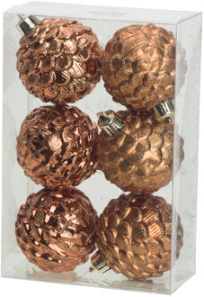 Cosy @ Home Gedecoreerde kerstballen - 6x st - 6 cm - kunststof - kaneel bruin