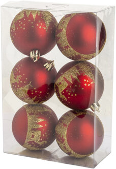 Cosy @ Home kerstballen gedecoreerd 6x - 8 cm - kunststof -rood/goud - Kerstbal