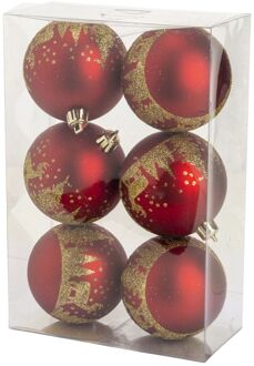 Cosy @ Home kerstballen gedecoreerd 6x - 8 cm - kunststof -rood/goud - Kerstbal