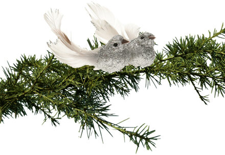 Cosy @ Home kerstboom vogels op clip 2x stuks - glitter zilver 10 cm - Kersthangers Zilverkleurig