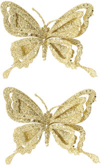 Cosy @ Home Kerstboomversiering Vlinder - 2x - 14 cm - goud glitter - op clip - ornament