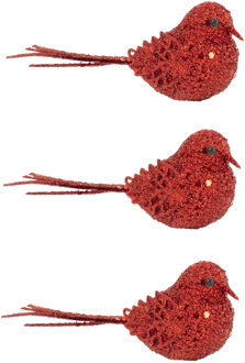 Cosy @ Home Kerstboomversiering Vogel - 4x - 12 cm - rood glitter - op clip - ornament - ster