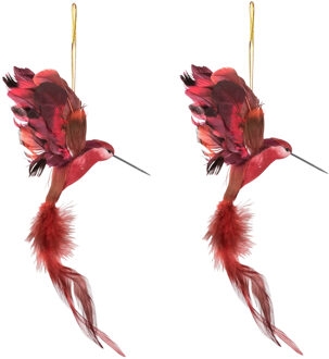 Cosy @ Home Kersthanger kolibrie vogel - 2x stuks - rood - 18 cm - kunststof - kerstornamenten
