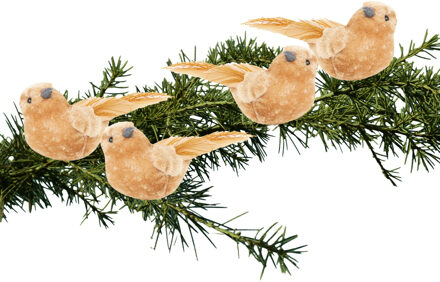 Cosy @ Home Kerstversiering decoratie vogels - op clip - 4x stuks - caramel bruin - 12 cm - kunststof