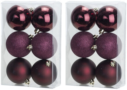 Cosy&Trendy 12x Aubergine roze kerstballen 8 cm kunststof mat/glans/glitter - Kerstbal