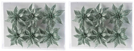 Cosy&Trendy 12x Kerstboomversiering mintgroene glitter bloemen op clip 8 cm - Kersthangers