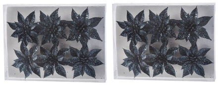 Cosy&Trendy 12x Kerstversieringen glitter kerstrozen donkerblauw op clip - Kersthangers