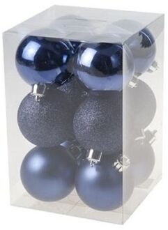 Cosy&Trendy 12x Kunststof kerstballen glanzend/mat donkerblauw 6 cm kerstboom versiering/decoratie - Kerstbal