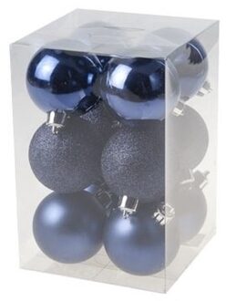 Cosy&Trendy 12x Kunststof kerstballen glanzend/mat donkerblauw 6 cm versiering - Kerstbal