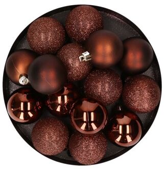 Cosy&Trendy 12x stuks kunststof kerstballen donkerbruin 6 cm mat/glans/glitter - Kerstbal