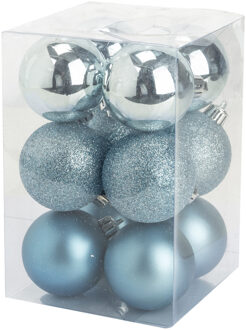 Cosy&Trendy 12x stuks kunststof kerstballen ijsblauw 6 cm mat/glans/glitter - Kerstbal