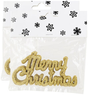 Cosy&Trendy 12x stuks Merry Christmas kersthangers goud van kunststof 10 cm kerstornamenten
