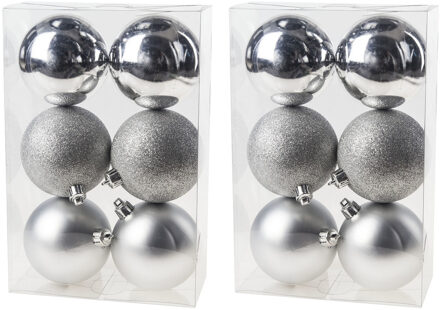Cosy&Trendy 12x Zilveren kerstballen 8 cm kunststof mat/glans/glitter - Kerstbal Zilverkleurig