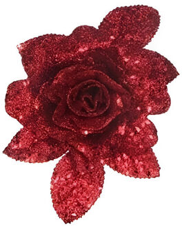 Cosy&Trendy 1x Kerstboomversiering bloem op clip rode glitter roos 15 cm