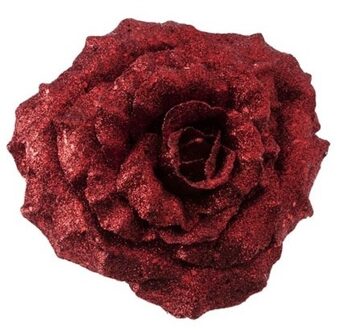 Cosy&Trendy 1x Kerstboomversiering bloem op clip rode glitter roos 18 cm Rood