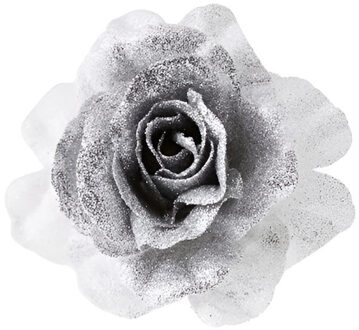 Cosy&Trendy 1x Kerstboomversiering bloem op clip zilver/wit en besneeuwd 18 cm