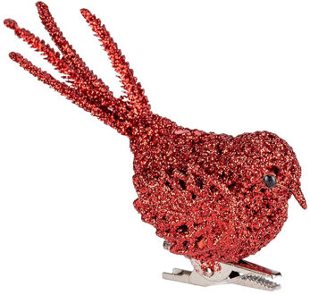Cosy&Trendy 1x Kerstboomversiering glitter rode vogeltjes op clip 12 cm Rood