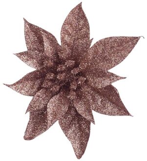 Cosy&Trendy 1x Kerstboomversiering op clip donker beige glitter bloem 15 cm