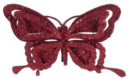 Cosy&Trendy 1x Kerstboomversiering op clip vlinder glitter bordeaux rood 14 cm - kerstfiguren - vlinders