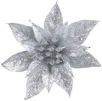 Cosy&Trendy 1x Kerstboomversiering op clip zilveren glitter bloem 15 cm