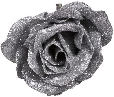 Cosy&Trendy 1x Kerstversieringen kerstbloemen zilver op clip - Kersthangers Zilverkleurig