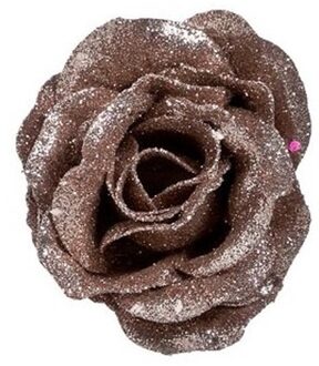 Cosy&Trendy 1x Oud roze roos met glitters bloemen op clip 7 cm - kerstversiering