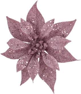 Cosy&Trendy 1x stuks decoratie bloemen kerstster roze glitter op clip 18 cm