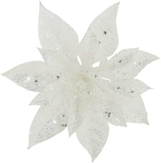 Cosy&Trendy 1x stuks decoratie bloemen kerstster wit glitter op clip 15 cm
