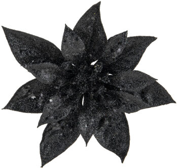 Cosy&Trendy 1x stuks decoratie bloemen kerstster zwart glitter op clip 15 cm