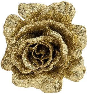 Cosy&Trendy 1x stuks decoratie bloemen roos goud glitter op clip 10 cm Goudkleurig
