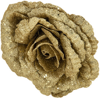 Cosy&Trendy 1x stuks decoratie bloemen roos goud glitter op clip 18 cm