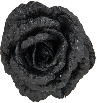 Cosy&Trendy 1x stuks decoratie bloemen roos zwart glitter op clip 15 cm