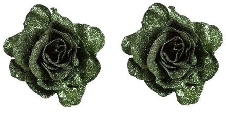 Cosy&Trendy 2x Groene decoratie roos glitters op clip 10 cm - Kersthangers