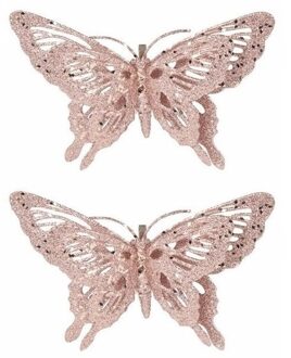 Cosy&Trendy 2x Kerst decoratie vlinder roze 15 x 11 cm