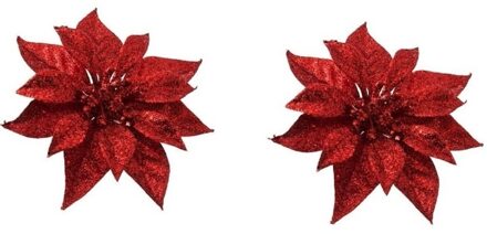 Cosy&Trendy 2x Kerstboomversiering bloem op clip rode kerstster 18 cm Rood