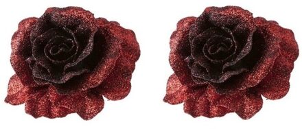 Cosy&Trendy 2x Kerstboomversiering op clip donkerrode glitter roos 10 cm Donkerrood
