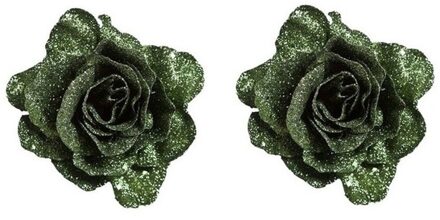 Cosy&Trendy 2x Kerstversiering groene glitter rozen op clip 10 cm