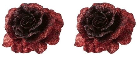 Cosy&Trendy 2x Kerstversieringen glitter roos rood op clip 10 cm - Kersthangers