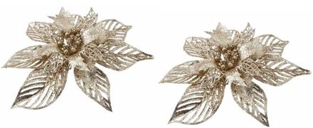 Cosy&Trendy 2x Kerstversieringen kerststerren bloemen goud op clip - Kersthangers Goudkleurig