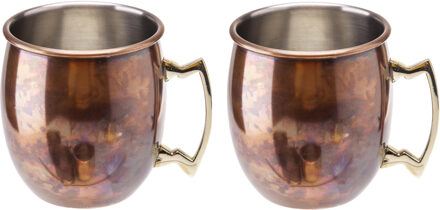 Cosy&Trendy 2x Koperen Moscow Mule drinkbekers antiek met handvat 450 ml - Cocktailglazen Bruin