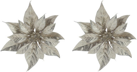 Cosy&Trendy 2x stuks decoratie bloemen kerstster champagne glitter op clip 18 cm - Kunstbloemen Champagnekleurig